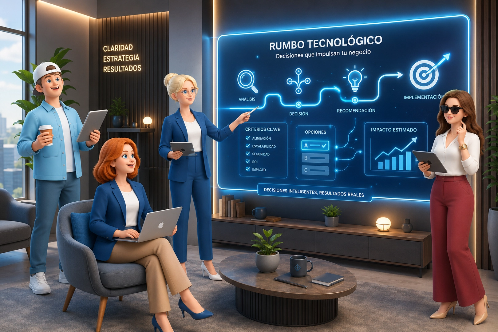 Technology consulting concept with a glowing roadmap and strategy hologram over a desk, ice blue accents, dark navy background, glassmorphism, 3D render