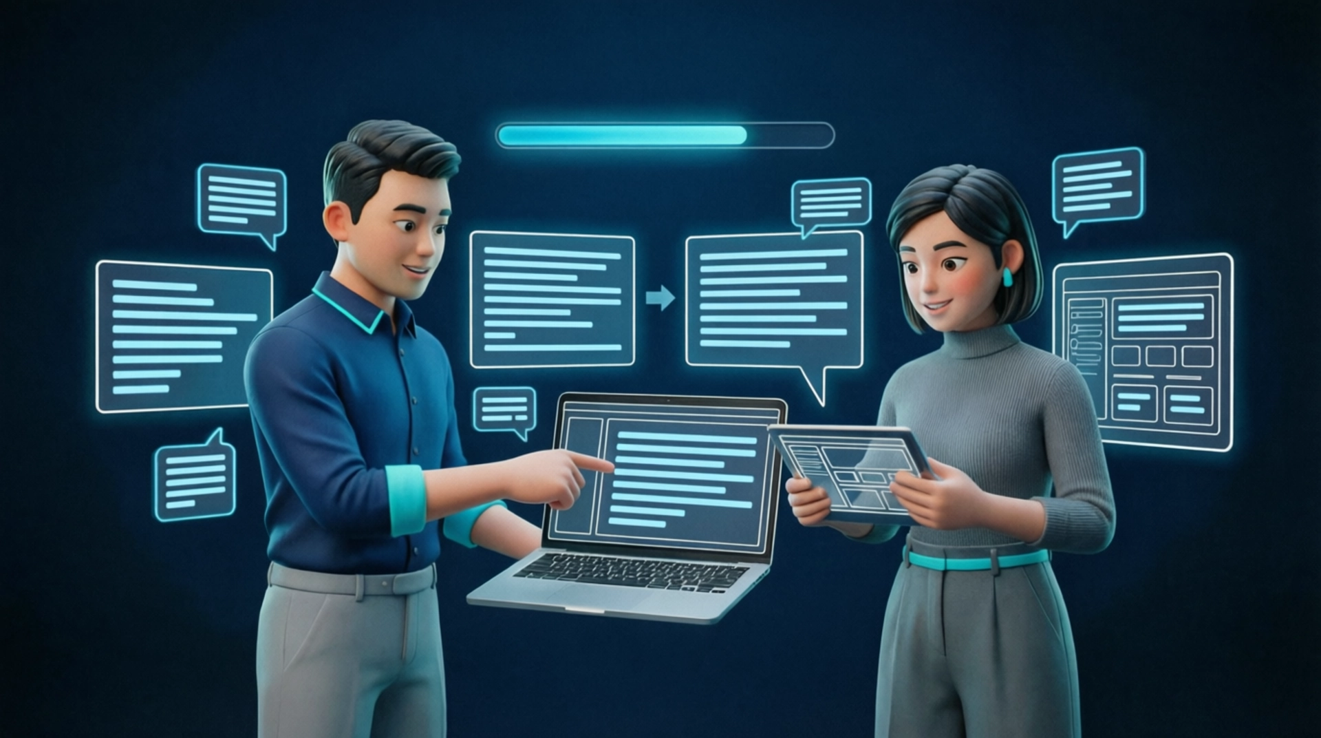 Developer workspace concept with floating glowing code blocks and a modern IDE, ice blue accents, dark navy background, glassmorphism, cinematic lighting, 3D render