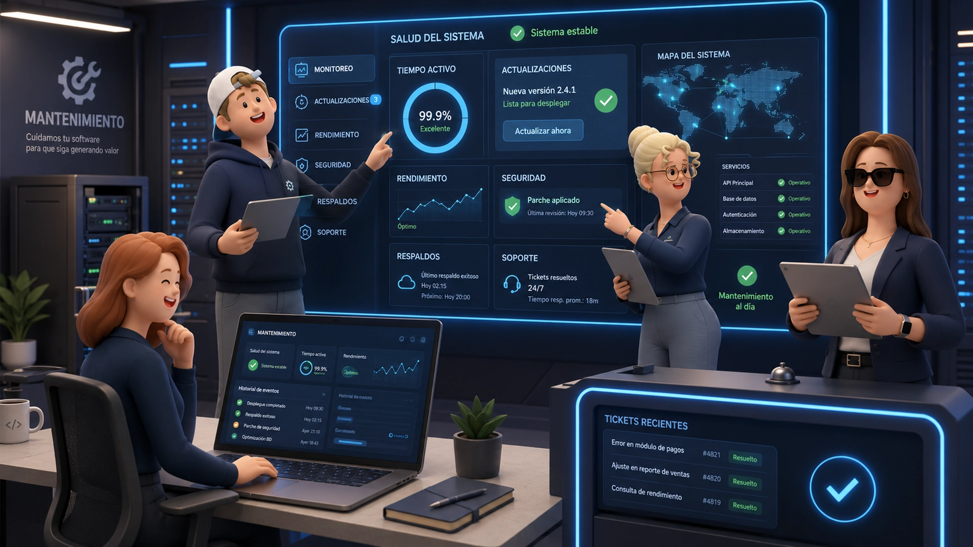 Software maintenance concept with a glowing shield and gear icons over a server, ice blue accents, dark navy background, glassmorphism, 3D render