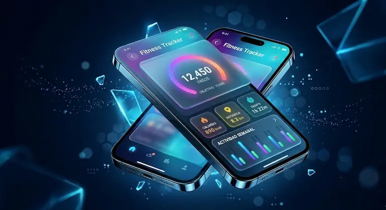 Sleek modern smartphone floating in mid air with vibrant mobile app interface, ice blue glowing accents, dark navy background, glassmorphism UI, soft studio lighting, 3D render