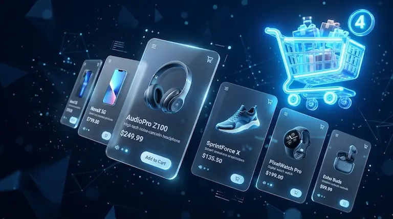 Modern e-commerce shopping experience concept, floating product cards and glowing shopping cart icon with ice blue light, dark navy background, glassmorphism, commercial style, 3D render