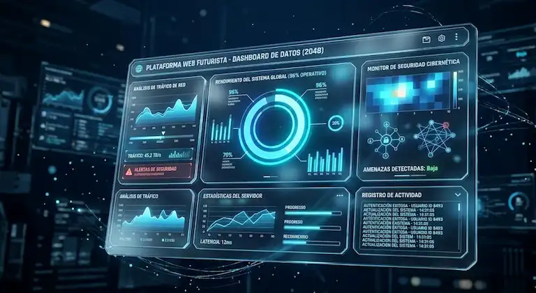 Futuristic web platform dashboard on a large floating screen, ice blue data visualizations, dark navy environment, glassmorphism panels, clean modern UI, cinematic lighting, 3D render